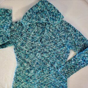 Moda International Teal V-Neck Sweater with Hood Women's Size Large
